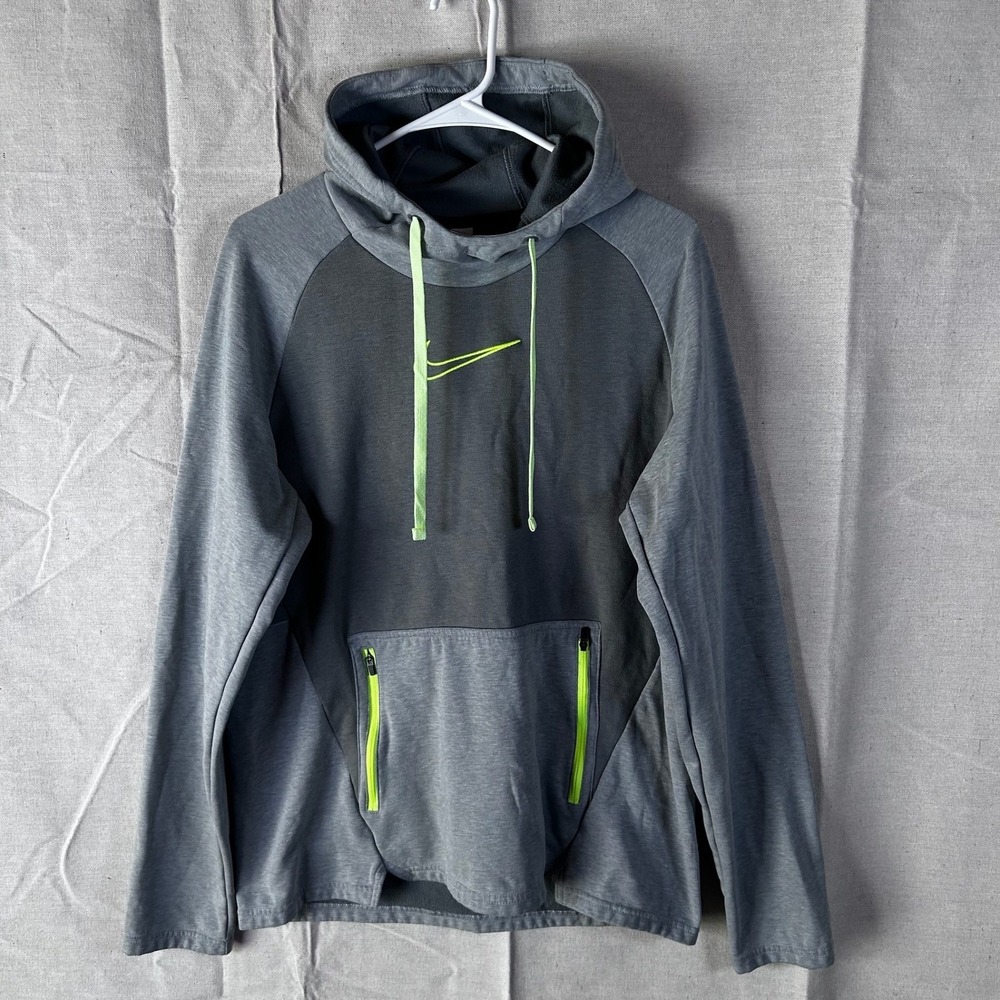 Nike Therma-FIT Mens Grey Neon Green‎ Center Swoosh Hoodie Sweater Men's Medium